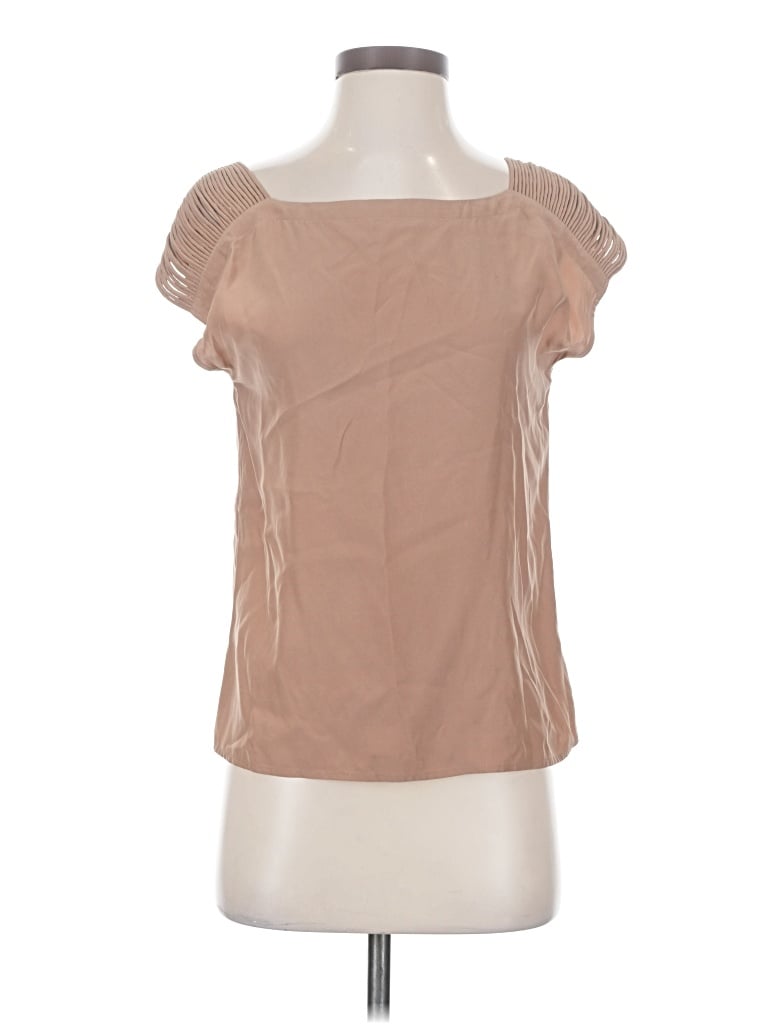 Pre-owned Loeffler Randall Short Sleeve Silk Top Tan Square Neckline Tops
