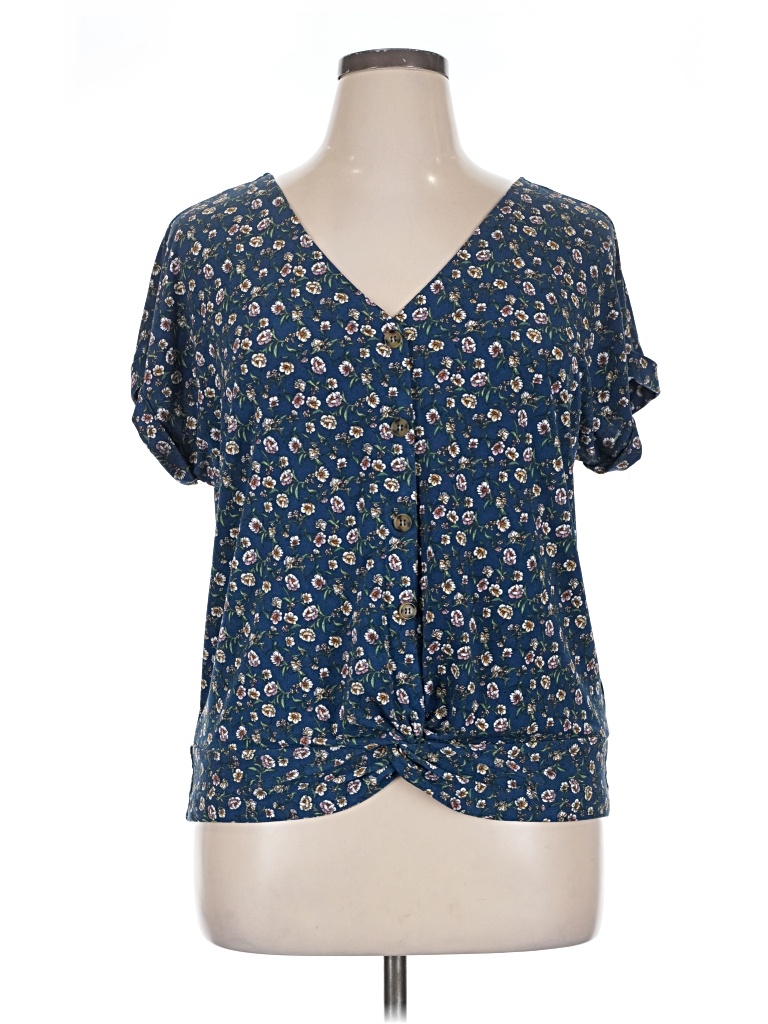 Pre-owned Flower & Feather Short Sleeve Blouse In Blue