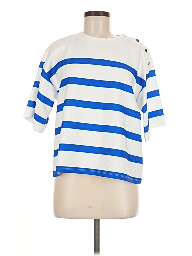 Zara Short Sleeve Top Blue Stripes Pattern Boatneck Tops