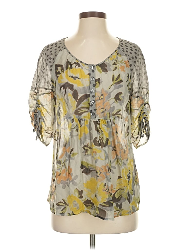 Pre-owned Edme & Esyllte Short Sleeve Silk Top Gray Keyhole Neckline Tops