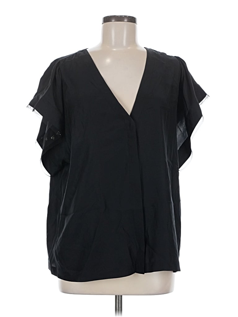 Pre-owned 7 For All Mankind Short Sleeve Silk Top Black Plunge Neckline Tops