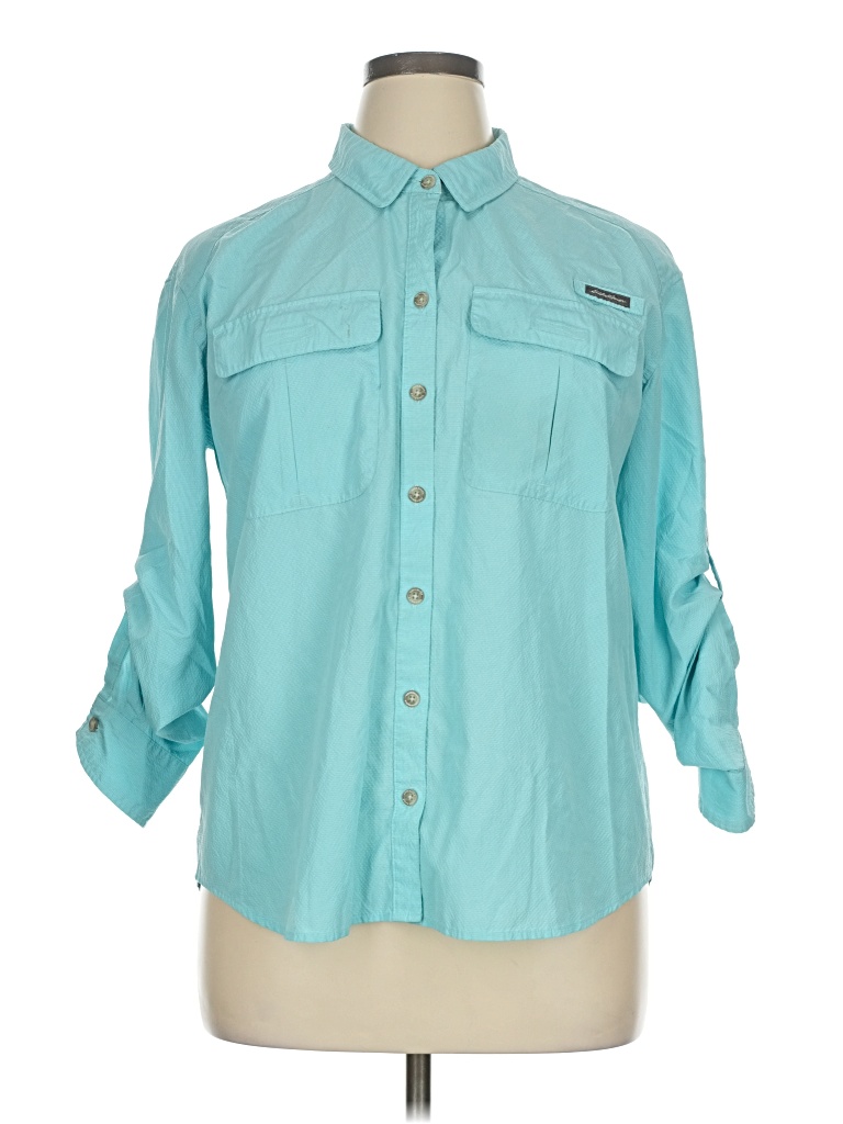 Pre-owned Eddie Bauer 3/4 Sleeve Button Down Shirt In Blue