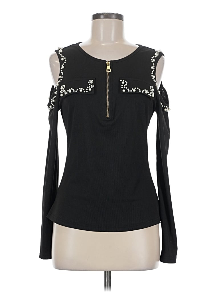 Pre-owned Chicme Long Sleeve Top Black Cold Shoulder Neckline Tops