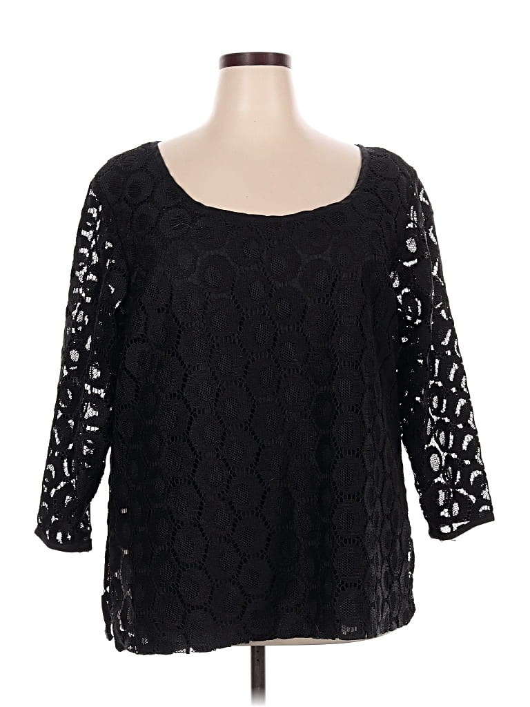 Pre-owned Andrea Jovine 3/4 Sleeve Top Black Floral Pattern Scoop Neck Tops