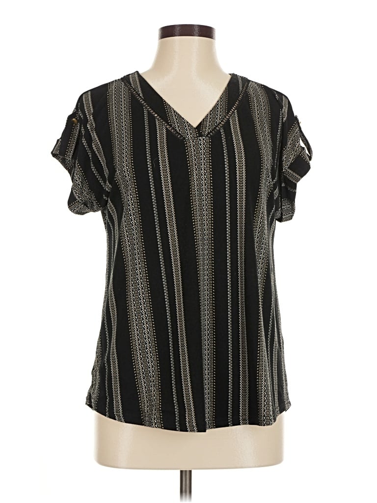 Pre-owned Flower & Feather Short Sleeve Blouse In Black
