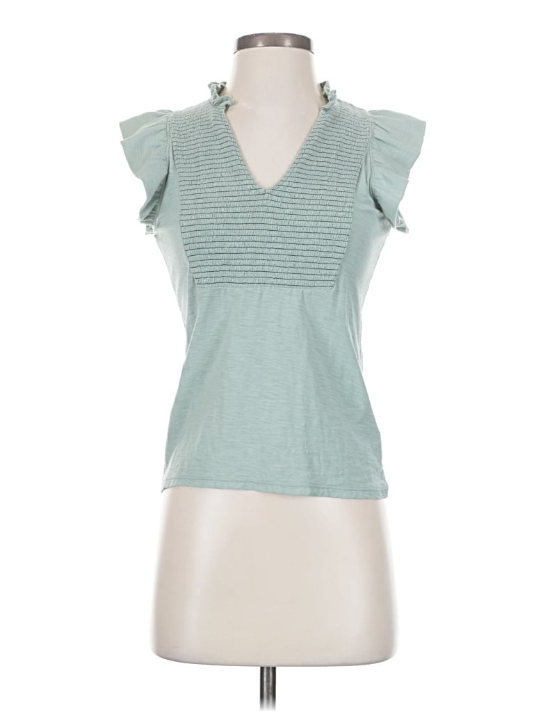 Pre-owned Nation Ltd Short Sleeve Top Teal Ruffles Neckline Tops In Blue