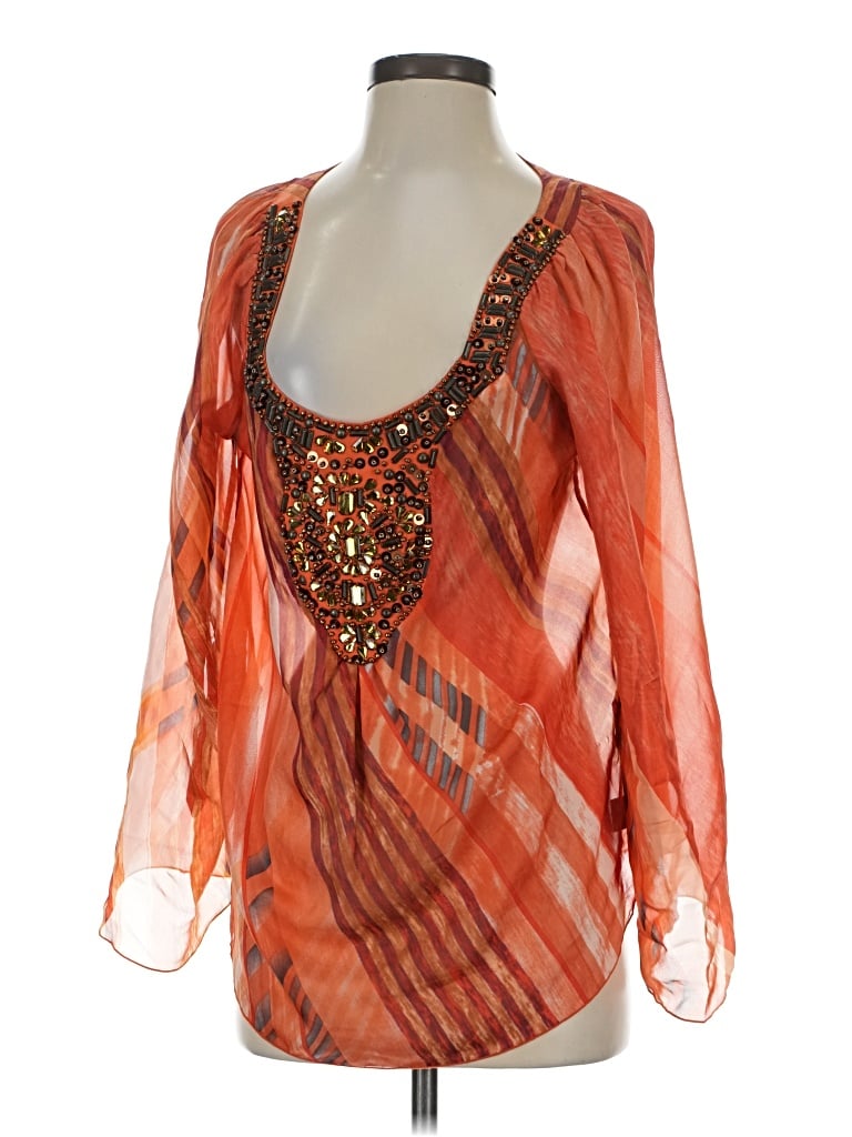 Pre-owned Hale Bob 3/4 Sleeve Silk Top Orange Plunge Neckline Tops