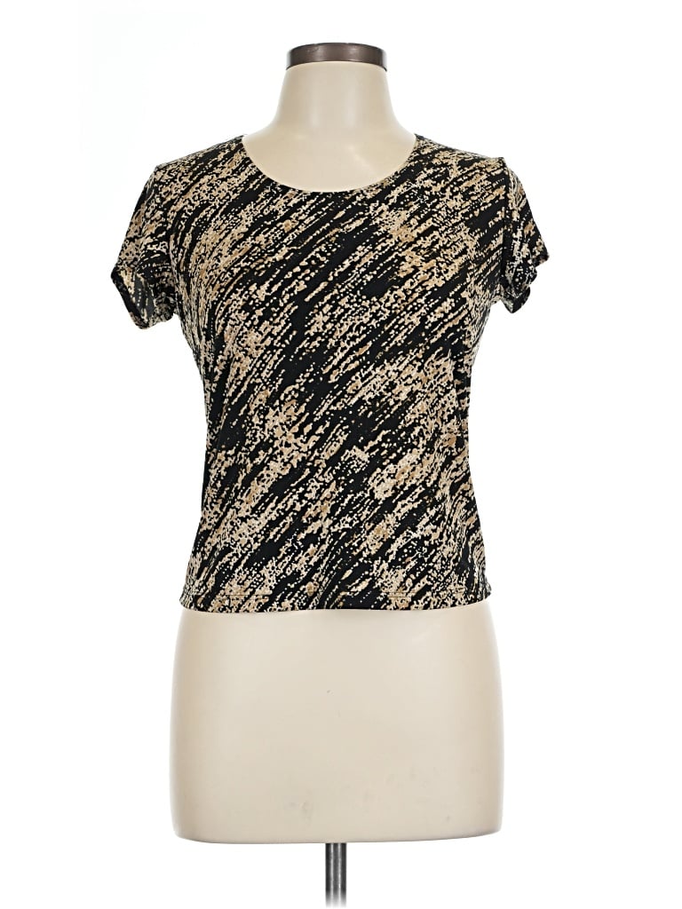 Pre-owned Susan Lawrence Short Sleeve Top Gold Metallic Pattern Scoop Neck Tops