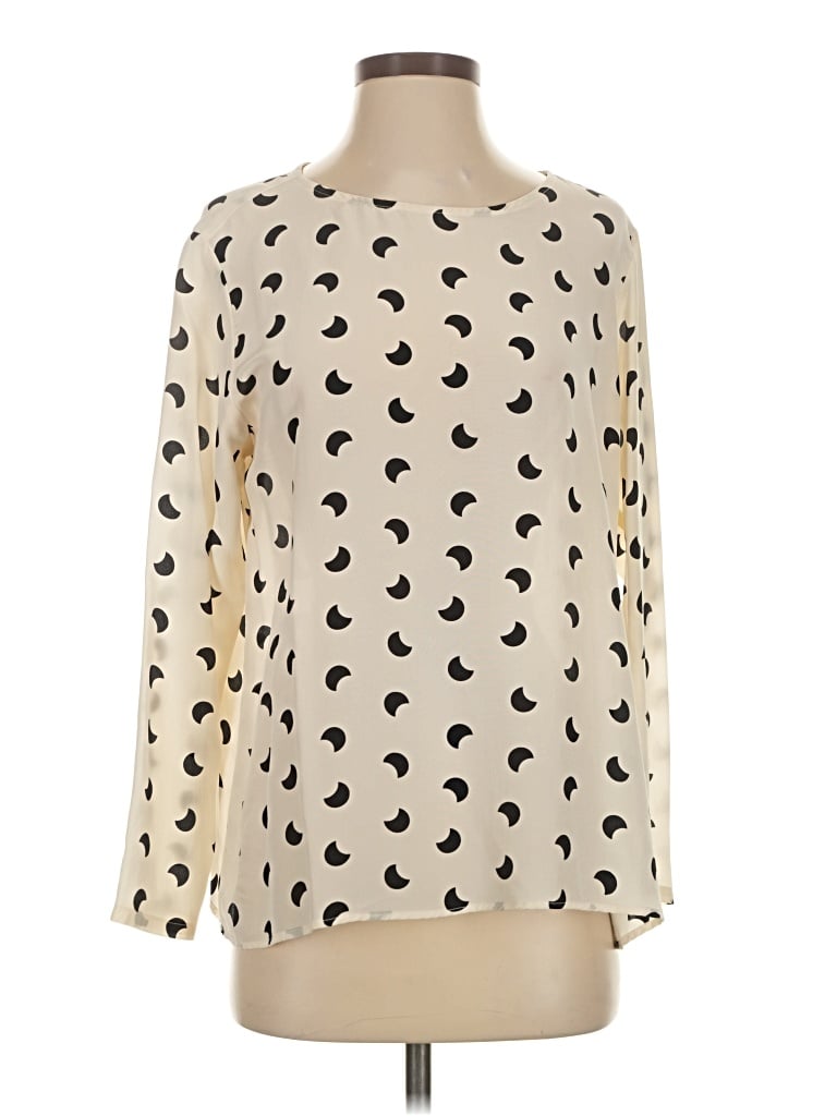 Pre-owned Dolan Long Sleeve Silk Top Ivory Hearts Pattern Keyhole Neckline Tops In White