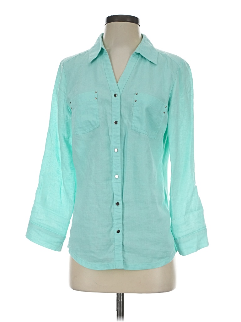 Pre-owned Emily Daniels 3/4 Sleeve Button Down Shirt In Blue