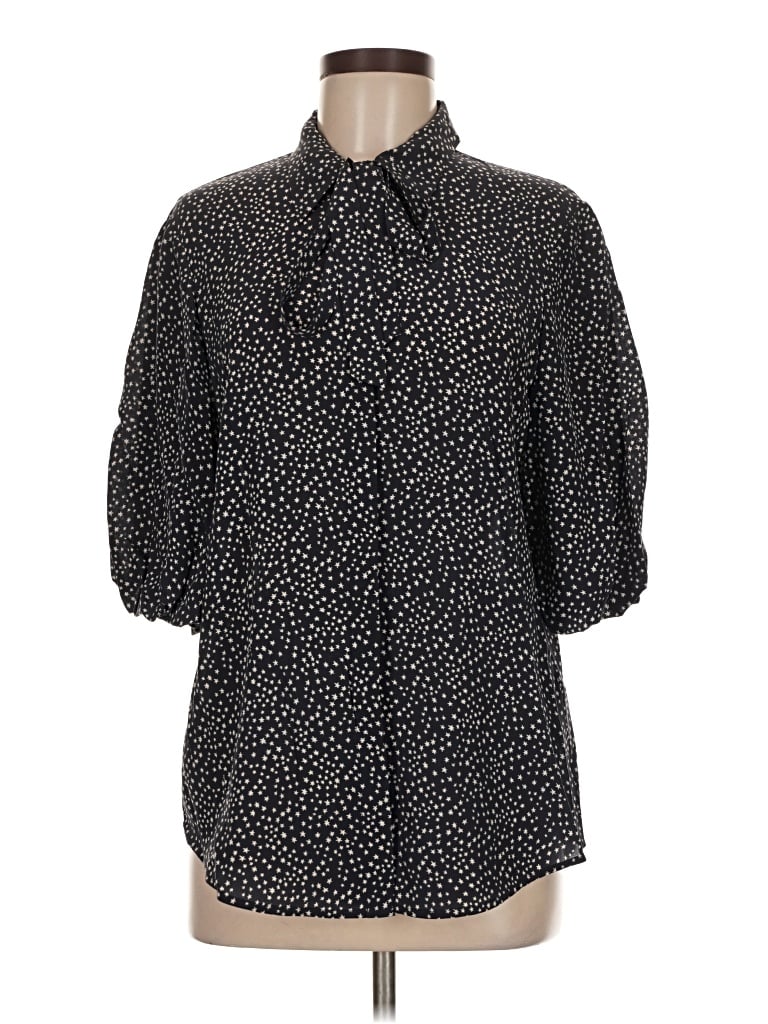 Pre-owned Lk Bennett 3/4 Sleeve Silk Top Black Polka Dots Pattern Mock Neckline Tops