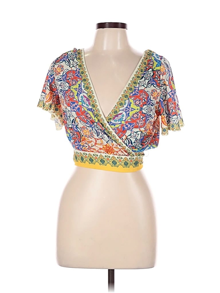 Pre-owned Flying Tomato Short Sleeve Top Yellow Plunge Neckline Tops