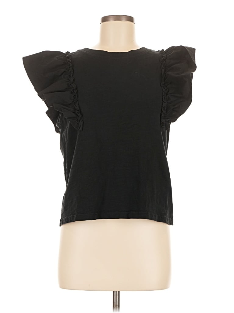 Pre-owned Nation Ltd Short Sleeve Top Black Ruffles Neckline Tops