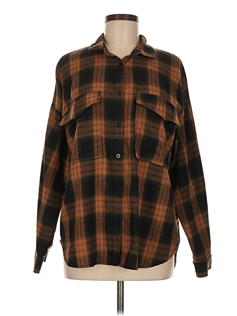 12th Tribe Long Sleeve Button Down Shirt: Brown Plaid Pattern Tops