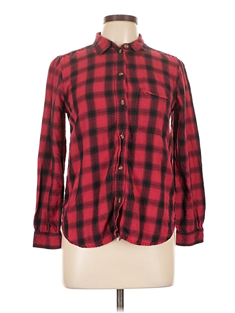American Eagle Outfitters Long Sleeve Button Down Shirt: Red Plaid Pattern Tops - Size Medium