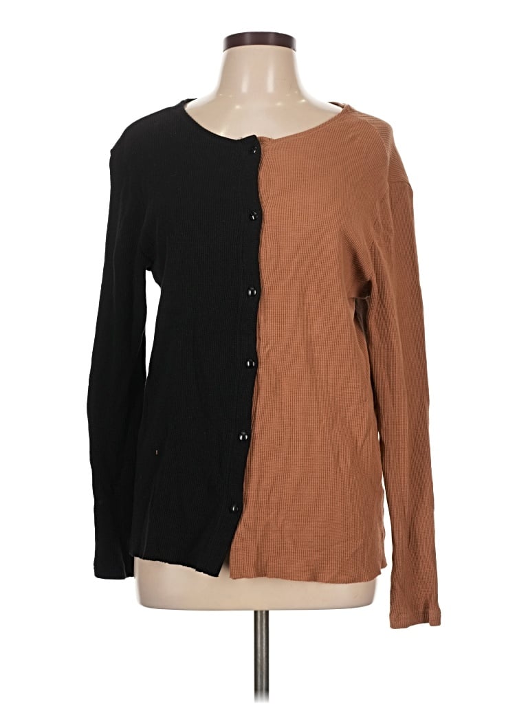 Pre-owned Donni Long Sleeve Top Brown Color Block Pattern Crew Neck Tops