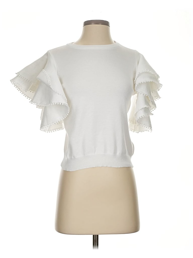 Pre-owned Strut & Bolt Short Sleeve Top Ivory Ruffles Neckline Tops In White