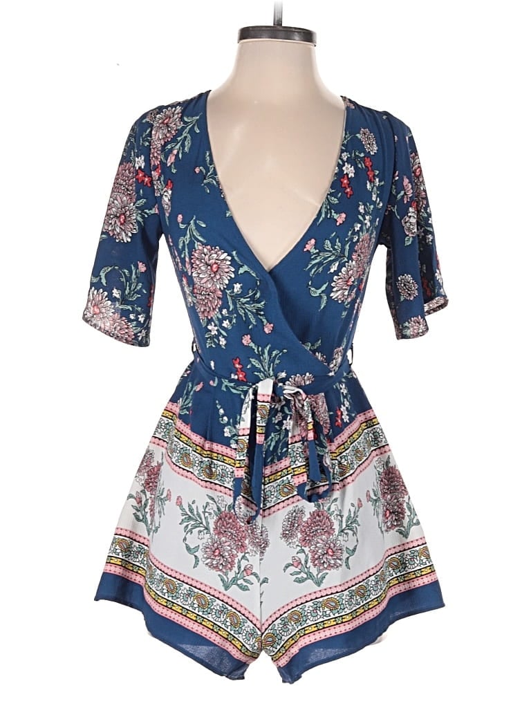 Pre-owned Three Pink Hearts Romper In Blue