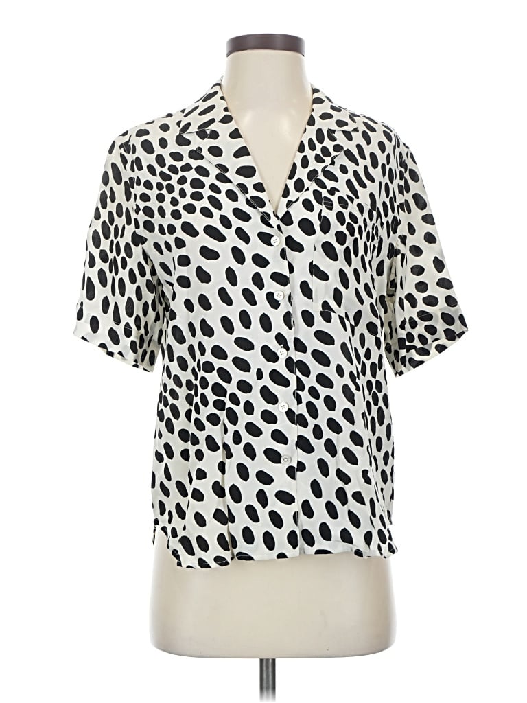 Pre-owned Ayr Short Sleeve Silk Top Ivory Polka Dots Pattern Keyhole Neckline Tops In White