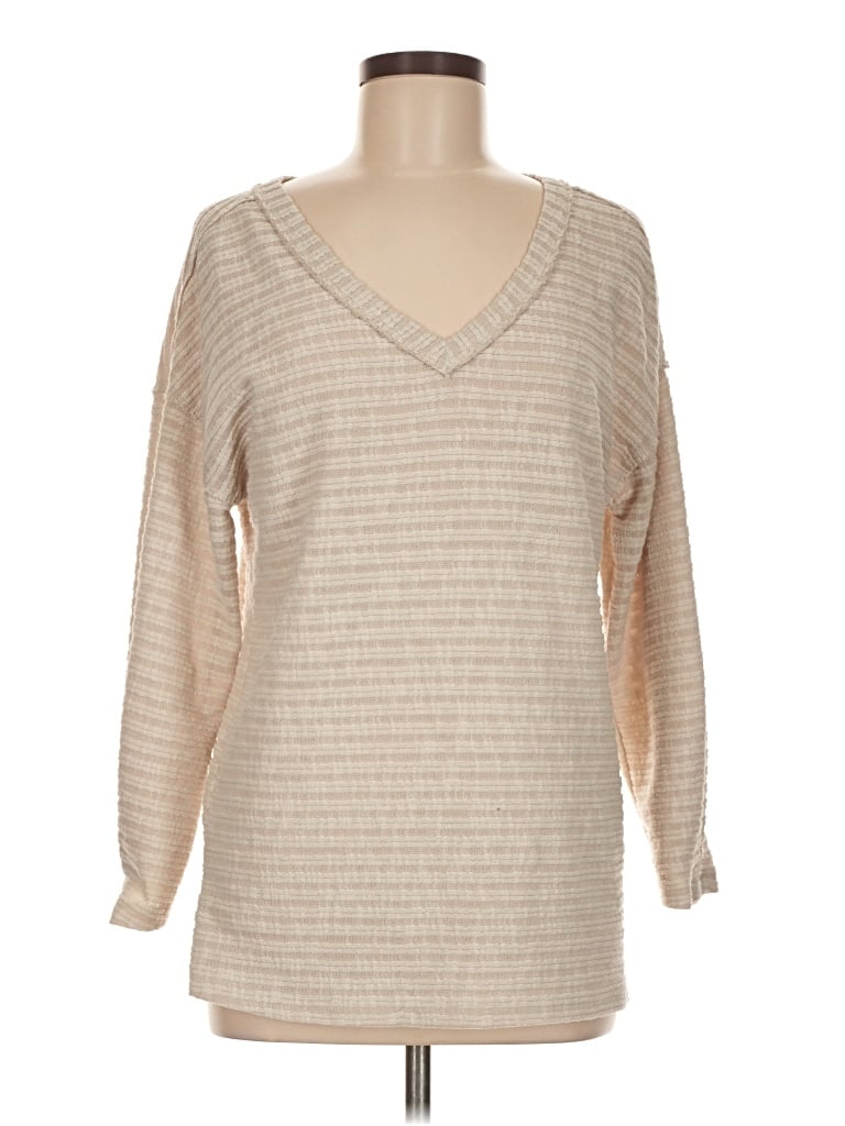 Pre-owned Kori America Long Sleeve Top Tan V-neck Tops