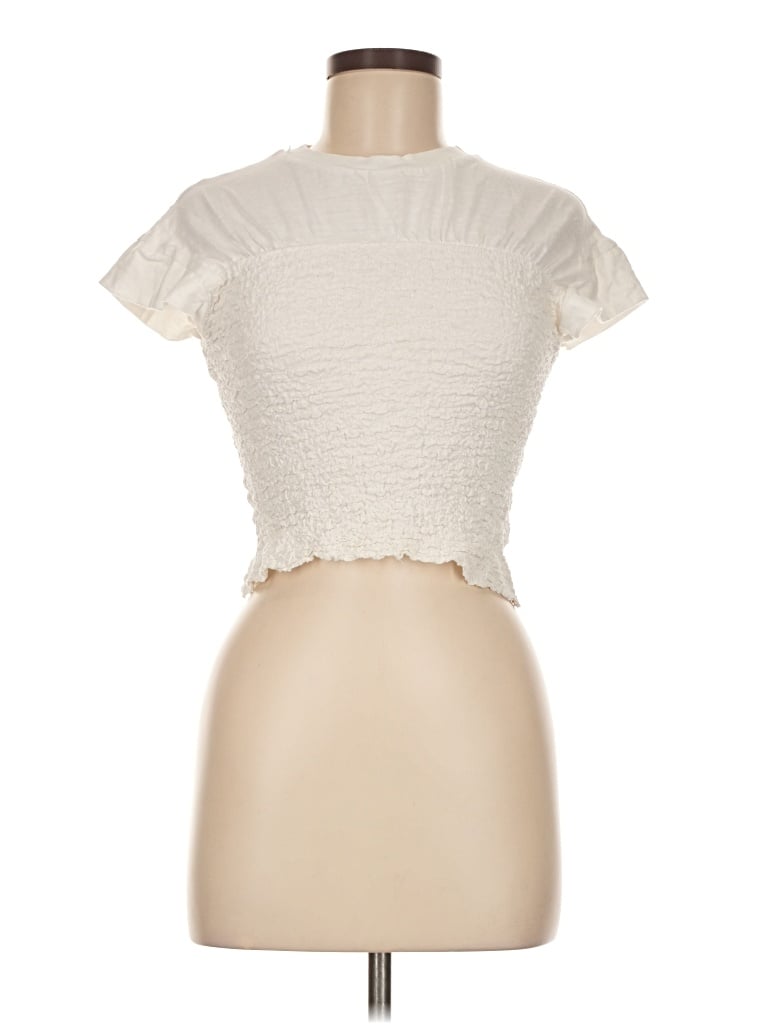 Pre-owned Miou Muse Short Sleeve Top Ivory Mock Neckline Tops In White