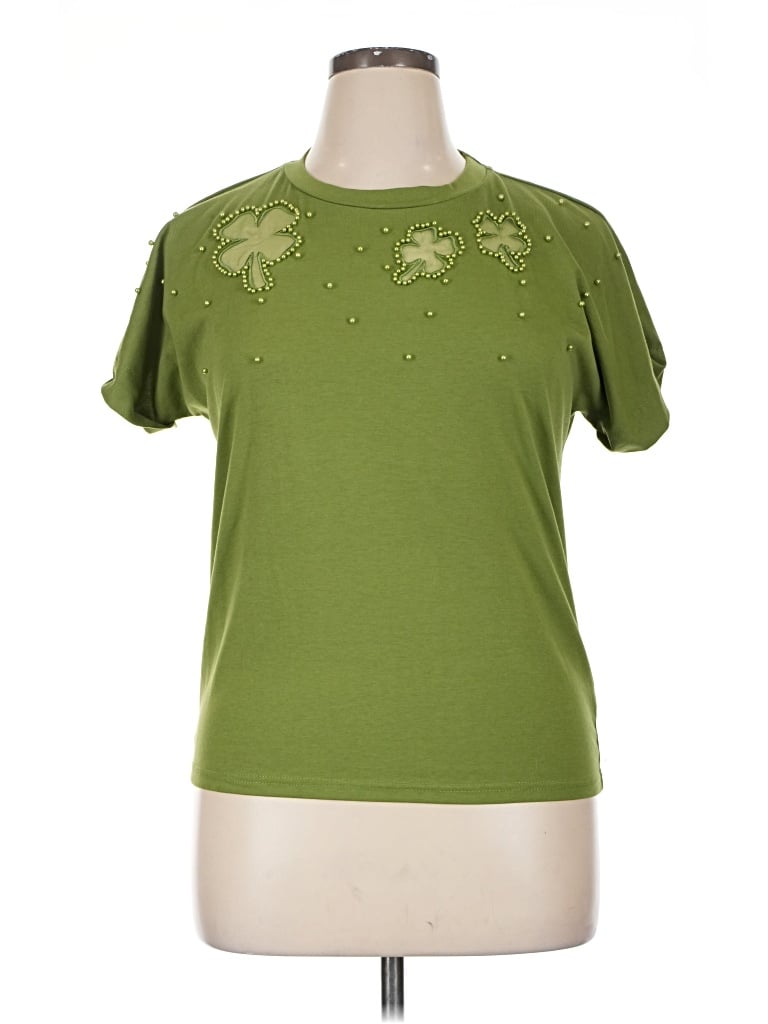 Pre-owned On Twelfth Short Sleeve Top Green Keyhole Neckline Tops