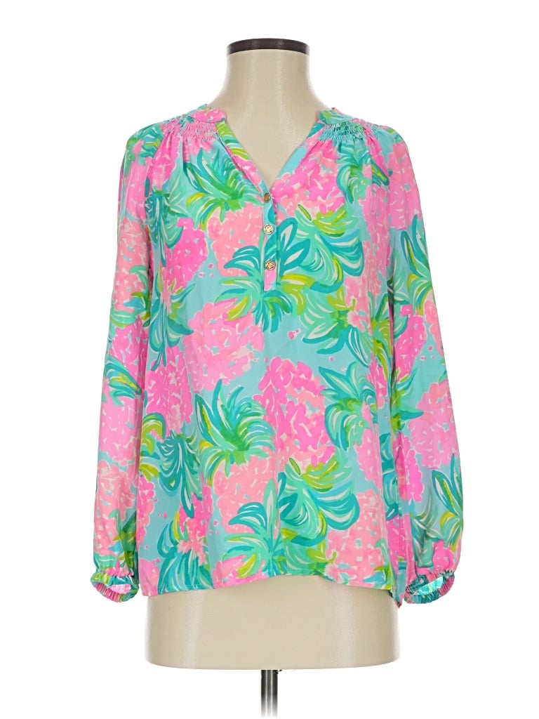 Lilly Pulitzer Long Sleeve Silk Top Pink Floral Pattern V-Neck Tops - Used - Size X-Small