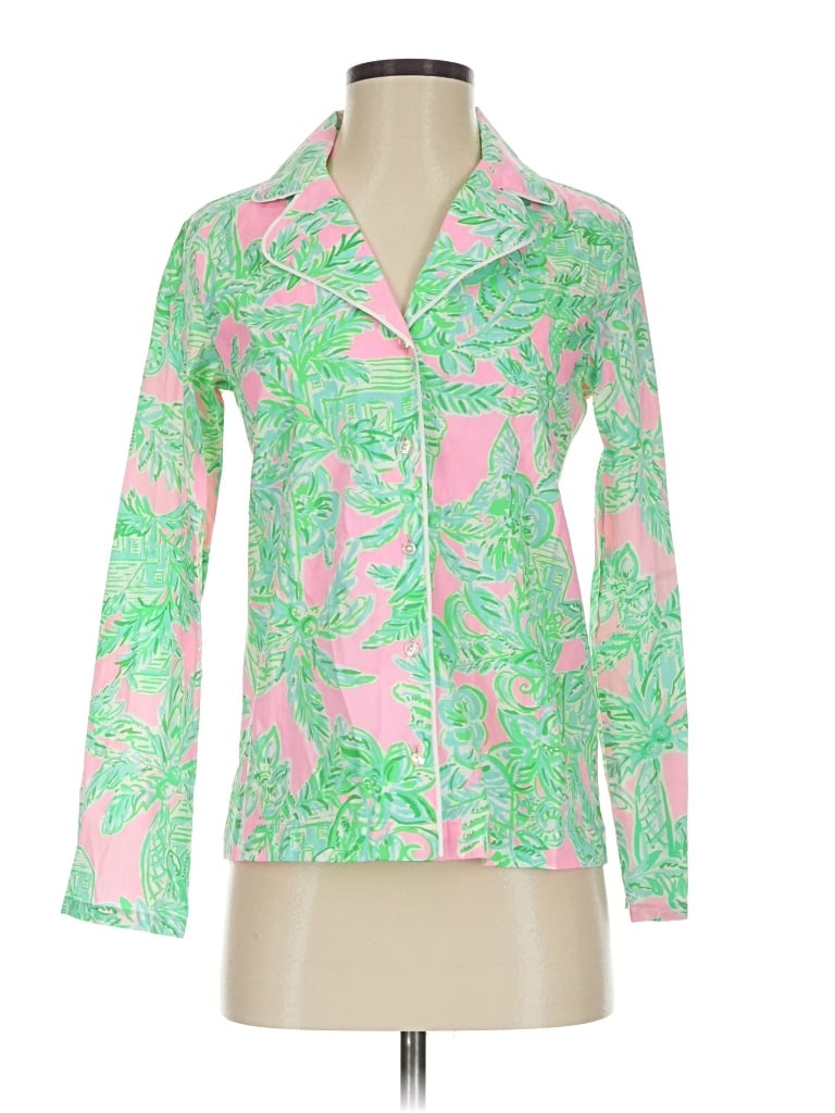 Lilly Pulitzer Long Sleeve Blouse: Green Tops - Size 2X-Small