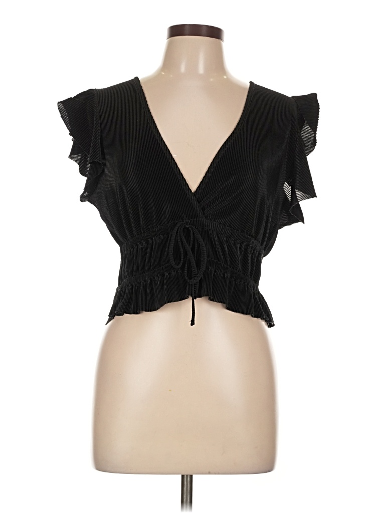 Pre-owned Zara Short Sleeve Top Black Plunge Neckline Tops