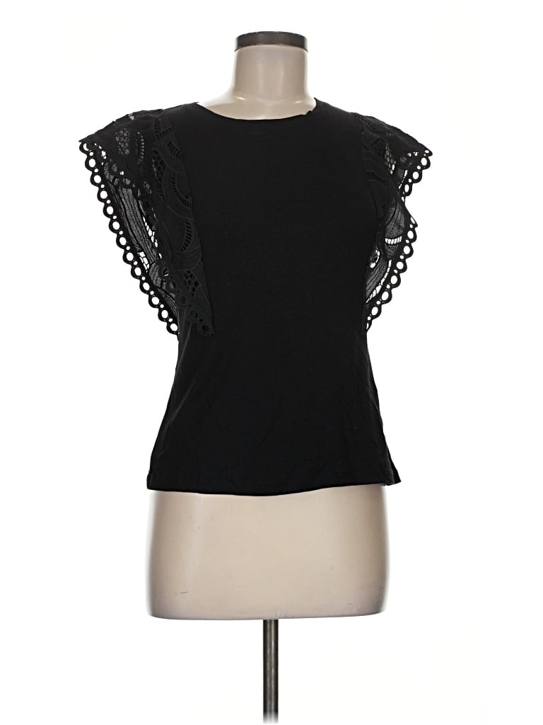 Pre-owned Catherine Malandrino Short Sleeve Top Black Ruffles Neckline Tops
