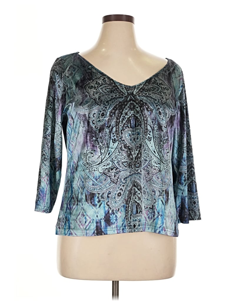 Pre-owned Serengeti 3/4 Sleeve Top Teal Graphic Pattern V Neck Tops In Blue