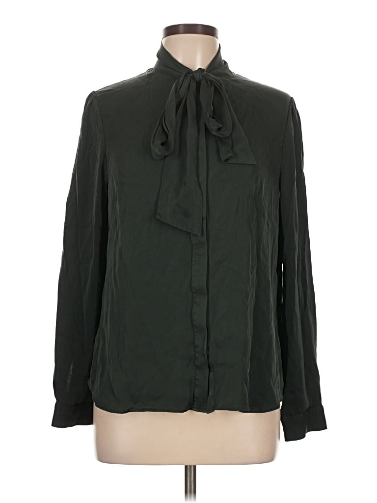 Pre-owned Quince Long Sleeve Silk Top Green Tie Neck Tops