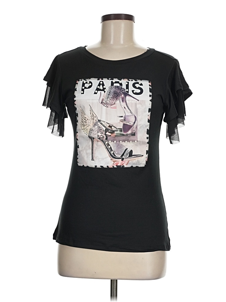 Pre-owned Assorted Brands Short Sleeve Top Black Ruffles Neckline Tops