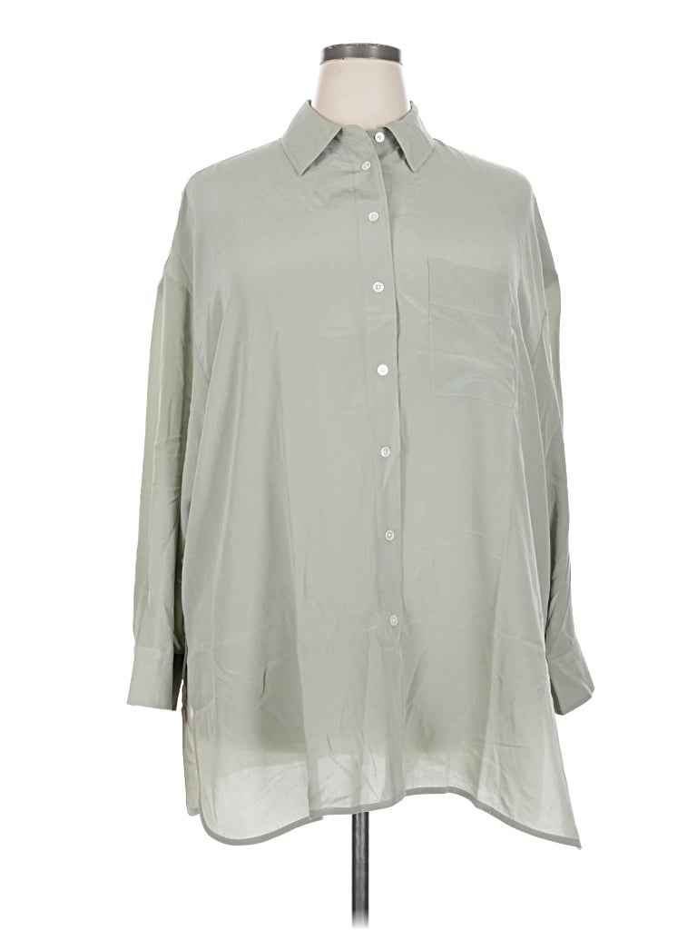 Everlane 3/4 Sleeve Silk Top Green Solid Pattern Collared Neckline Tops