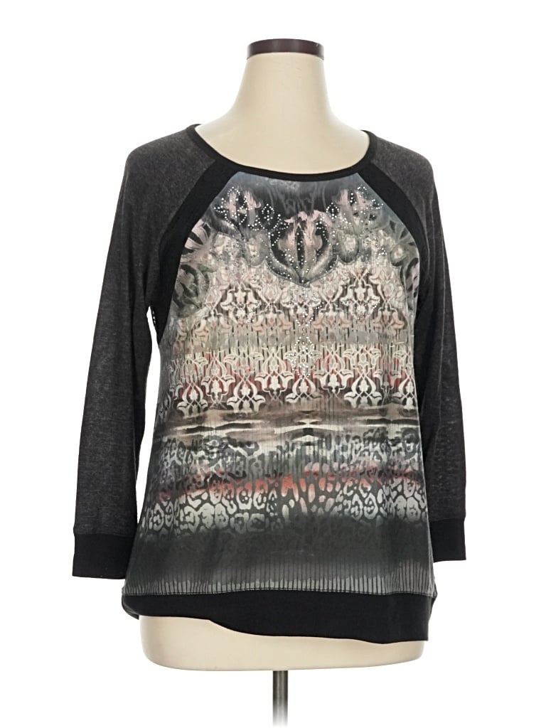 Pre-owned One World 3/4 Sleeve Top Gray Scoop Neck Tops