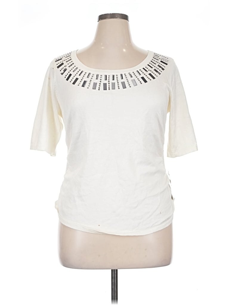 Pre-owned Ny Collection Short Sleeve Top Ivory Keyhole Neckline Tops In White