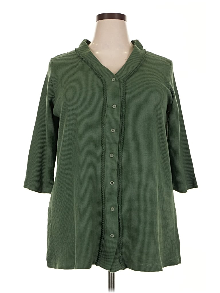 Pre-owned Woman Within 3/4 Sleeve Button Down Shirt In Green