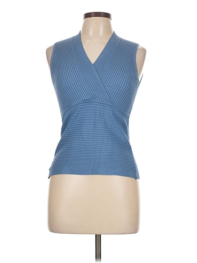 Pre-owned August Silk Sleeveless Top Blue Plunge Neckline Tops