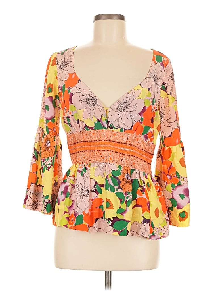 Pre-owned Plenty By Tracy Reese 3/4 Sleeve Silk Top Orange Sweetheart Neckline Tops