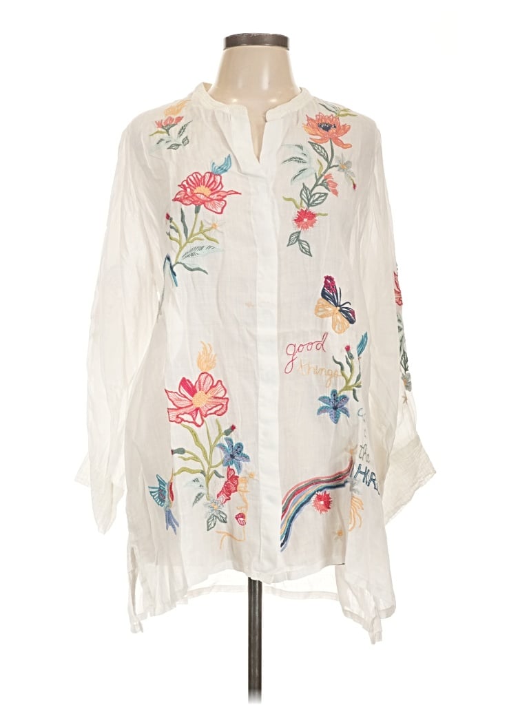 Pre-owned Johnny Was 3/4 Sleeve Blouse In White