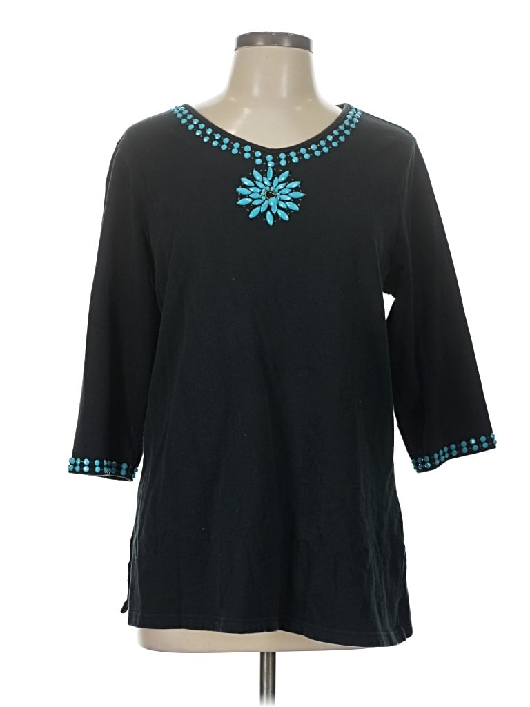 Pre-owned Quacker Factory 3/4 Sleeve Top Teal Open Neckline Tops In Blue