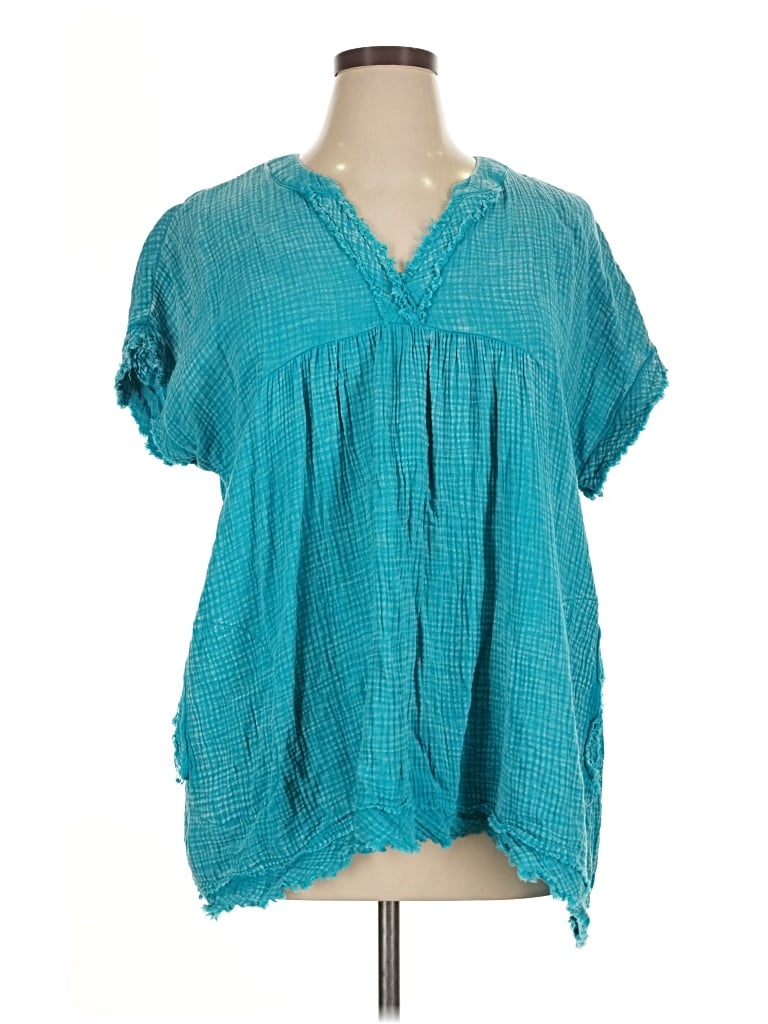 Pre-owned Zenana Short Sleeve Blouse In Blue