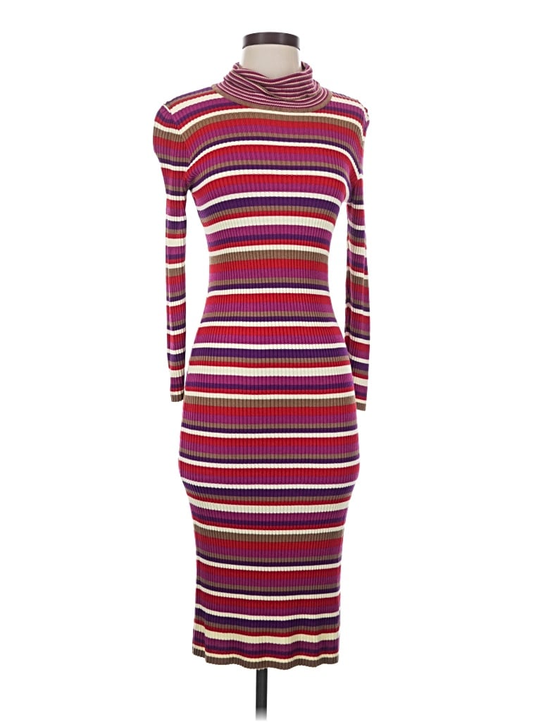Lisa Says Gah Casual Dress: Burgundy Stripes Pattern Dresses - Size X-Small