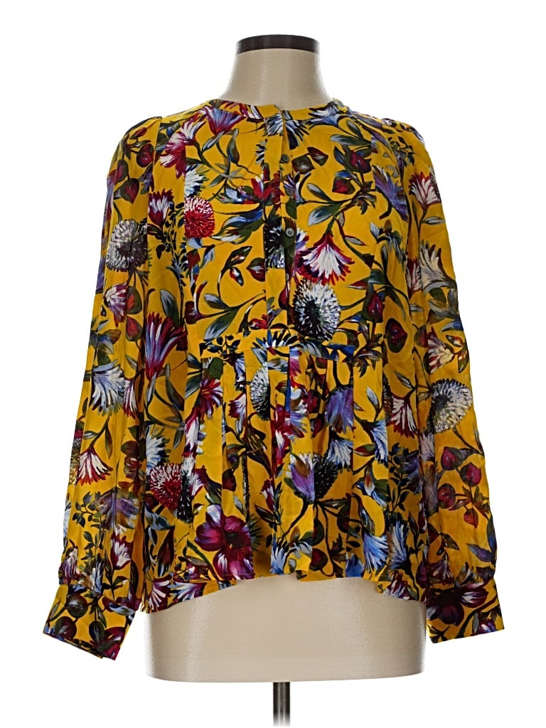 Pre-owned Jcrew Long Sleeve Silk Top Yellow Print Pattern Keyhole Neckline Tops
