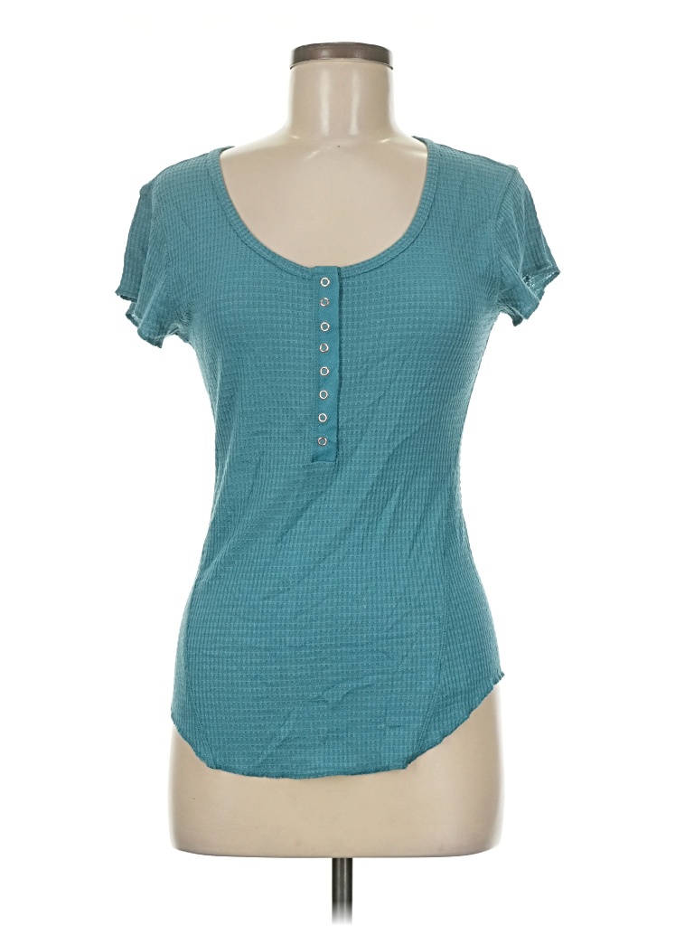 Pre-owned Zenana Short Sleeve Top Teal Scoop Neck Tops In Blue