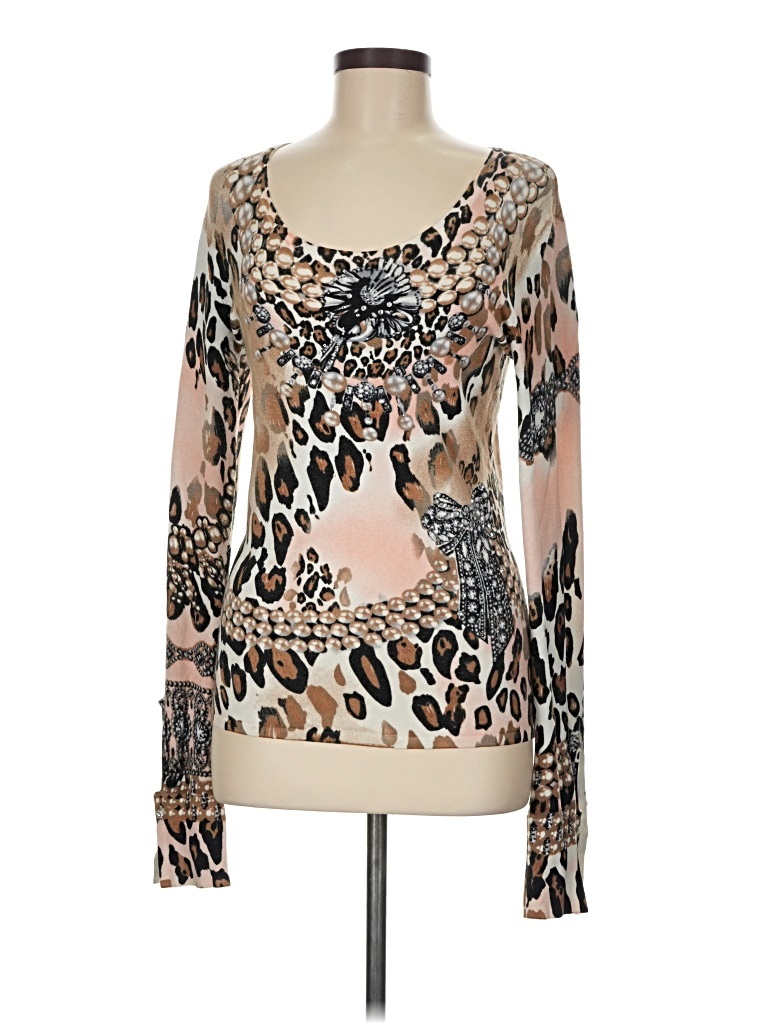 Pre-owned Caché Long Sleeve Top Tan Sweetheart Neckline Tops In Brown