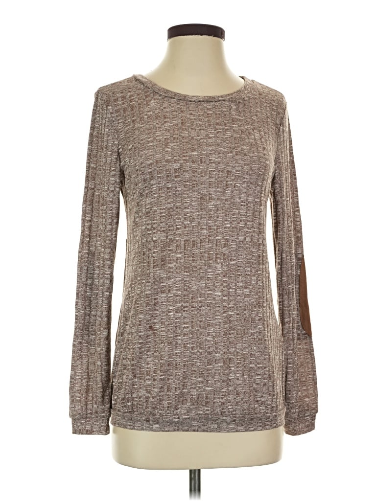 Pre-owned 12pm By Mon Ami Long Sleeve Top Brown Crew Neck Tops