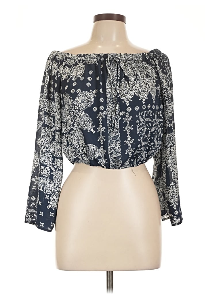 Altar'd State 3/4 Sleeve Blouse: Blue Tops - Size Large