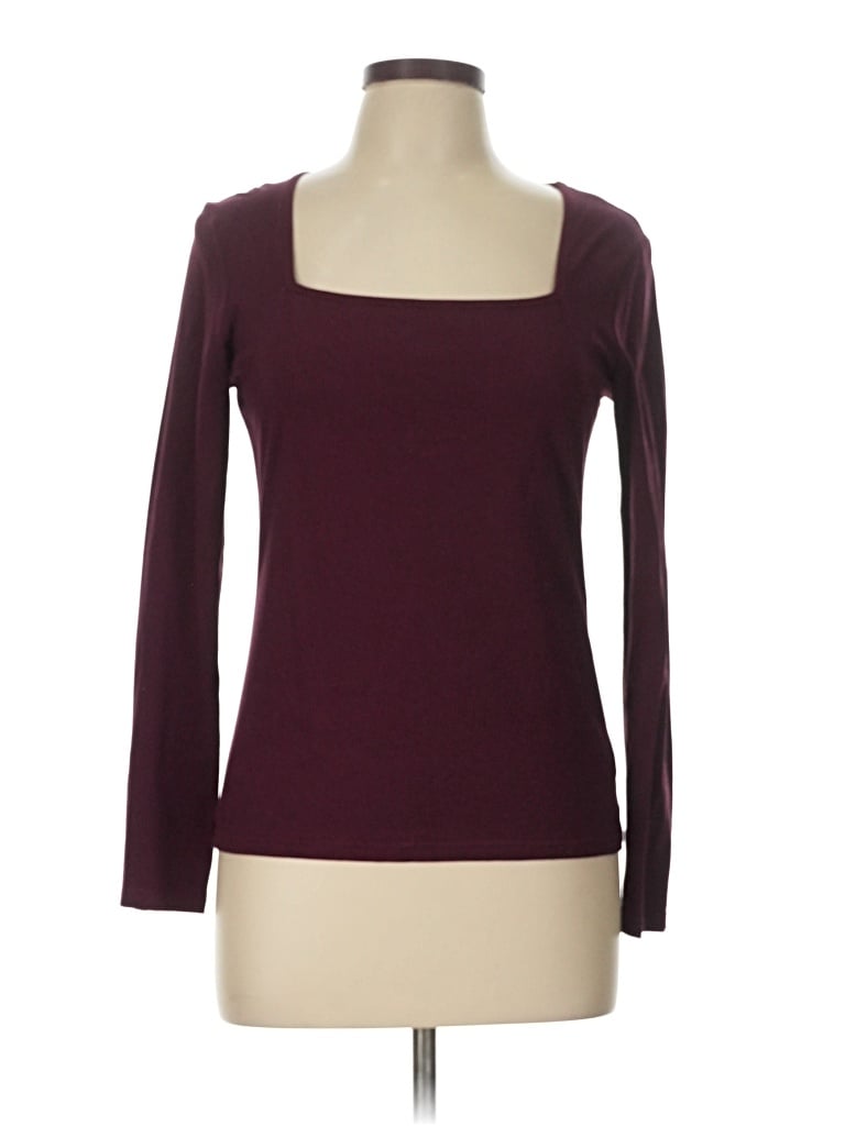 Pre-owned Mangopop Collection Long Sleeve Top Burgundy Scoop Neck Tops