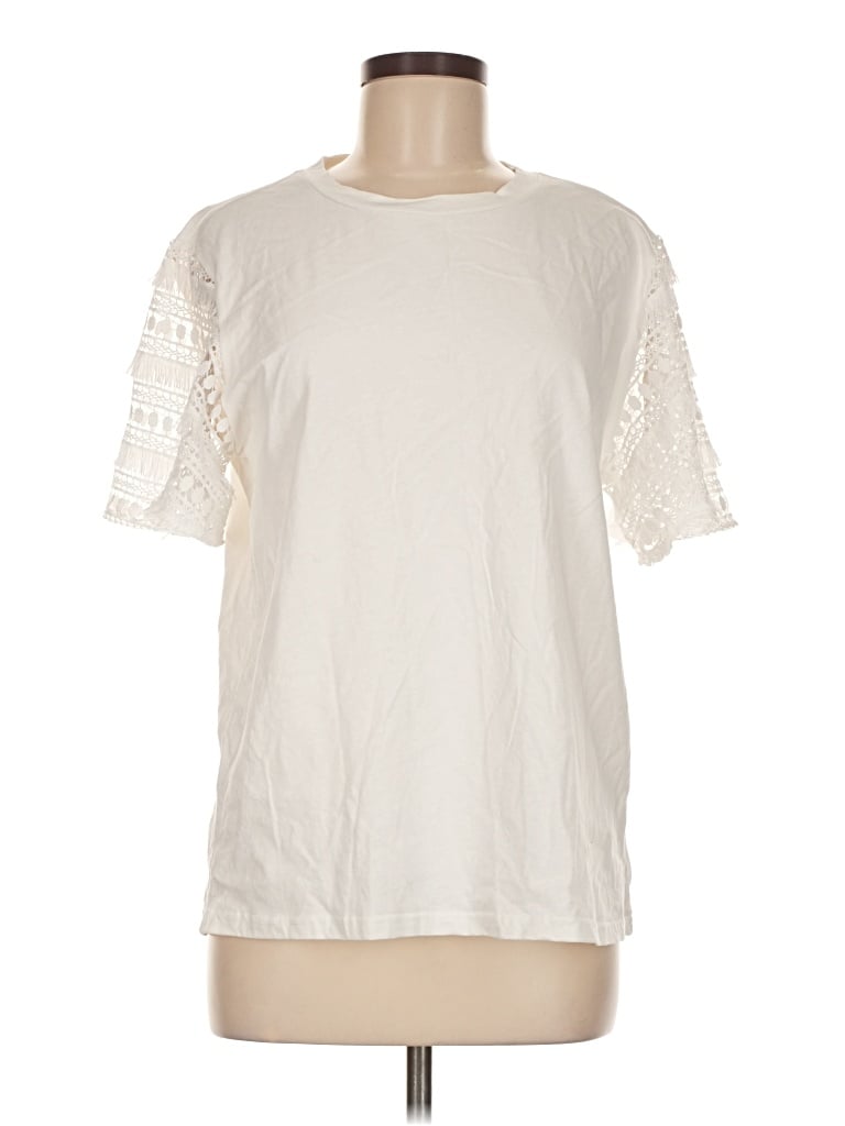 Pre-owned Listicle Short Sleeve Top Ivory Crew Neck Tops In White